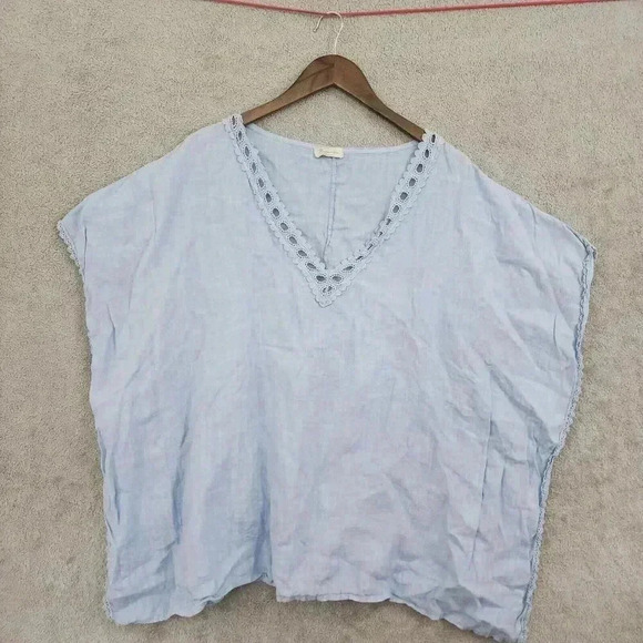 Bellambia Light Blue Linen V-Neck Top Kimono Crochet Detail 14CT - Picture 1 of 8